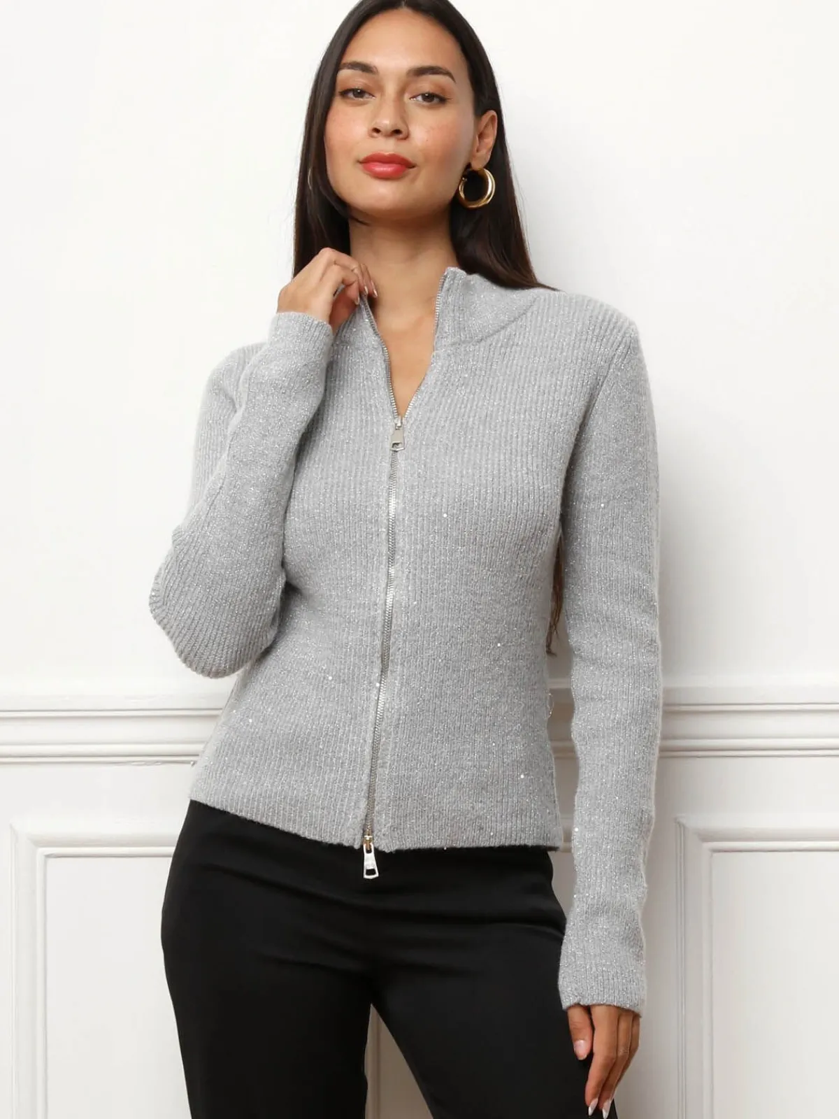 New La Modeuse Gilet zippé à sequins Gris