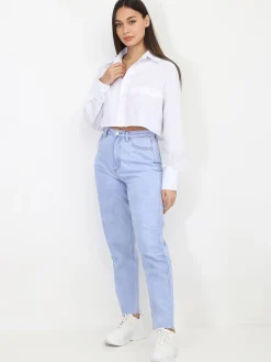Sale La Modeuse Jeans droit à bords effilochés BleuClair