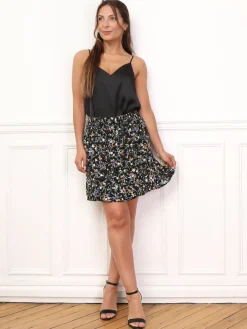 Hot La Modeuse Jupe à fleurs et volant Noir
