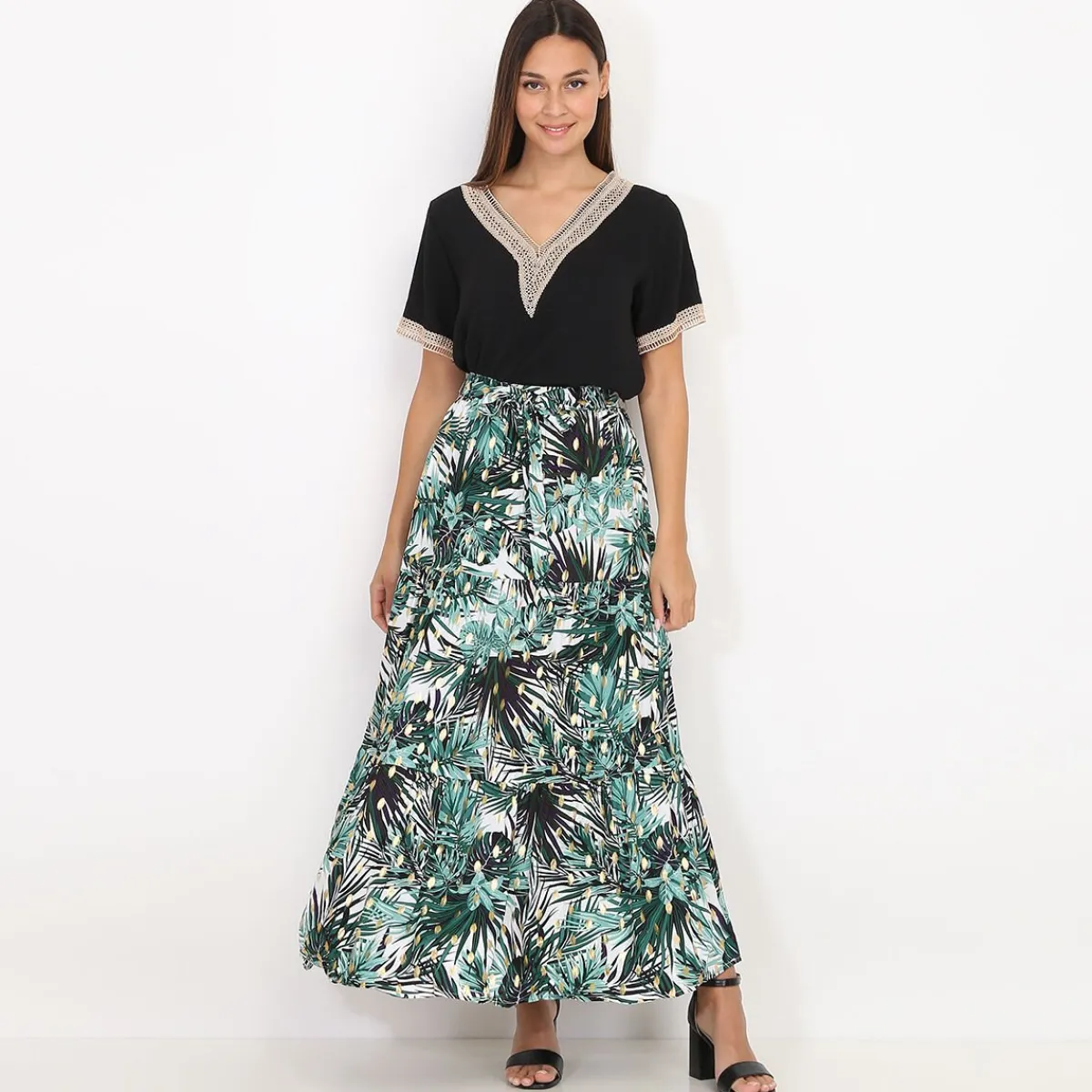 Discount La Modeuse Jupe à imprimé tropical et détails dorés Blanc