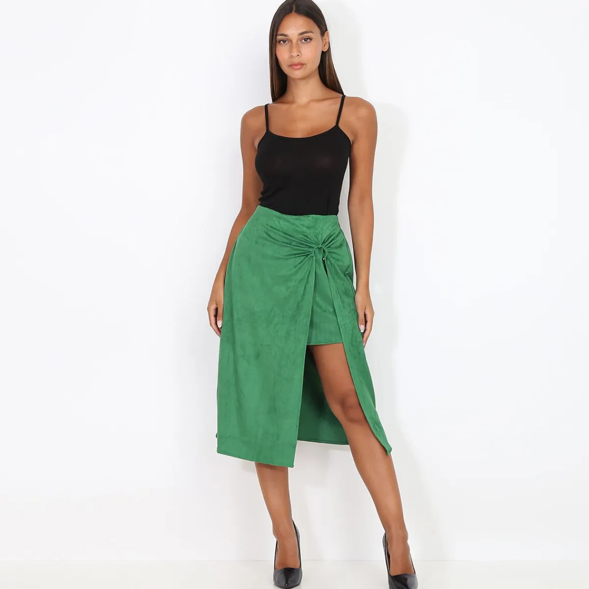 Clearance La Modeuse Jupe asymétrique fendue en suédine Vert