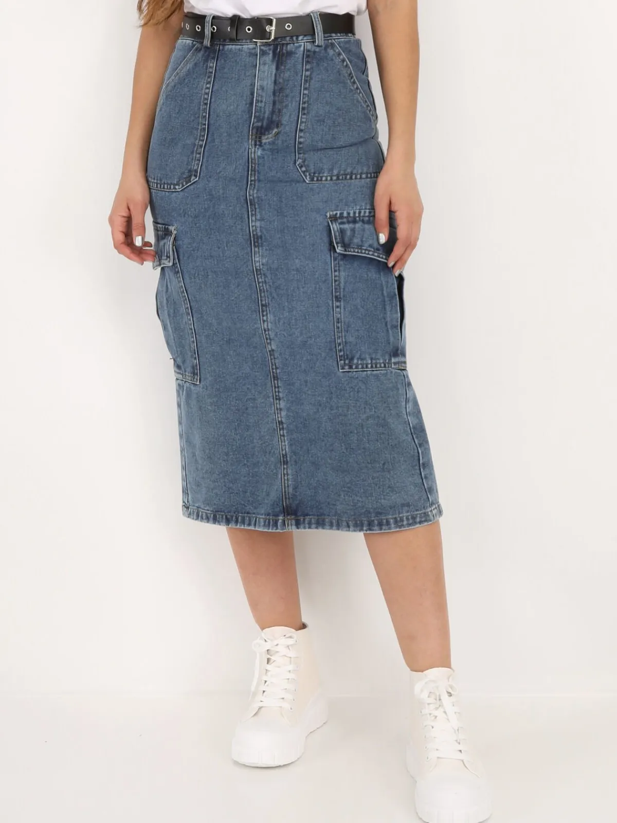 Clearance La Modeuse Jupe cargo en jeans avec ceinture Bleu