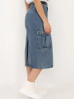 Clearance La Modeuse Jupe cargo en jeans avec ceinture Bleu