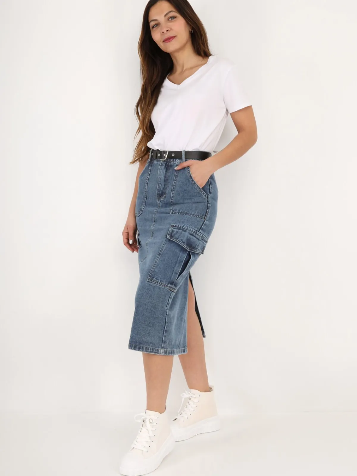 Clearance La Modeuse Jupe cargo en jeans avec ceinture Bleu