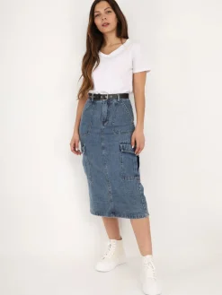 Clearance La Modeuse Jupe cargo en jeans avec ceinture Bleu
