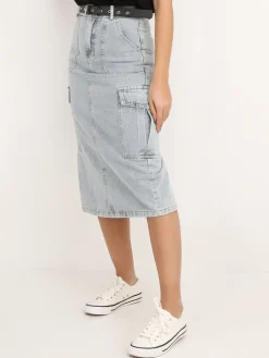 La Modeuse Jupe cargo en jeans avec ceinture BleuClair