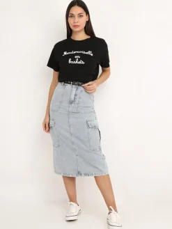 La Modeuse Jupe cargo en jeans avec ceinture BleuClair