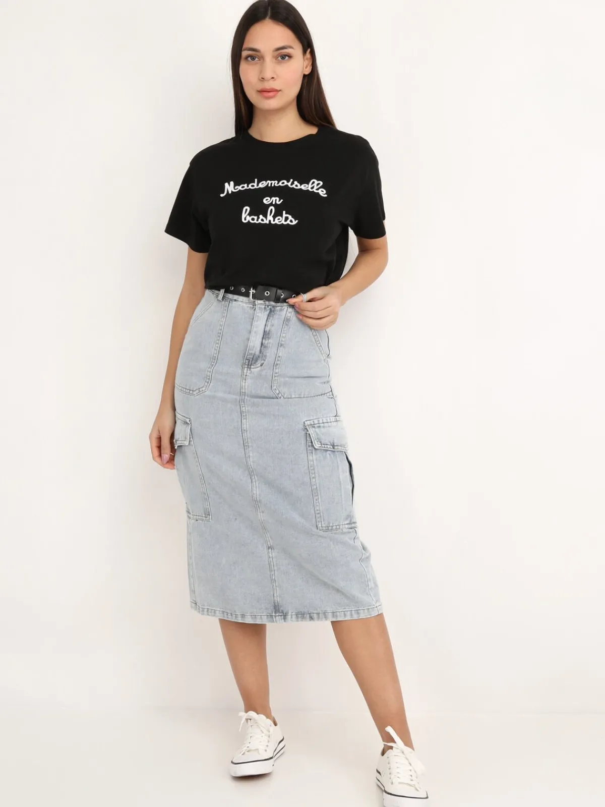 La Modeuse Jupe cargo en jeans avec ceinture BleuClair