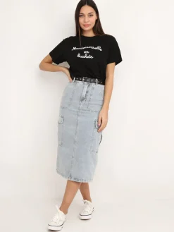 La Modeuse Jupe cargo en jeans avec ceinture BleuClair