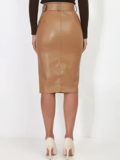 Outlet La Modeuse Jupe crayon ceinturée et boutonnée Camel