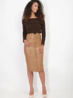 Outlet La Modeuse Jupe crayon ceinturée et boutonnée Camel