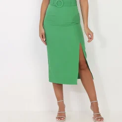 Online La Modeuse Jupe crayon ceinturée et fendue Vert
