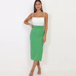 Online La Modeuse Jupe crayon ceinturée et fendue Vert