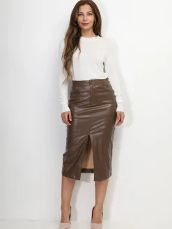 La Modeuse Jupe crayon en simili Marron