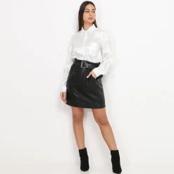 Clearance La Modeuse Jupe droite ceinturée en simili Noir