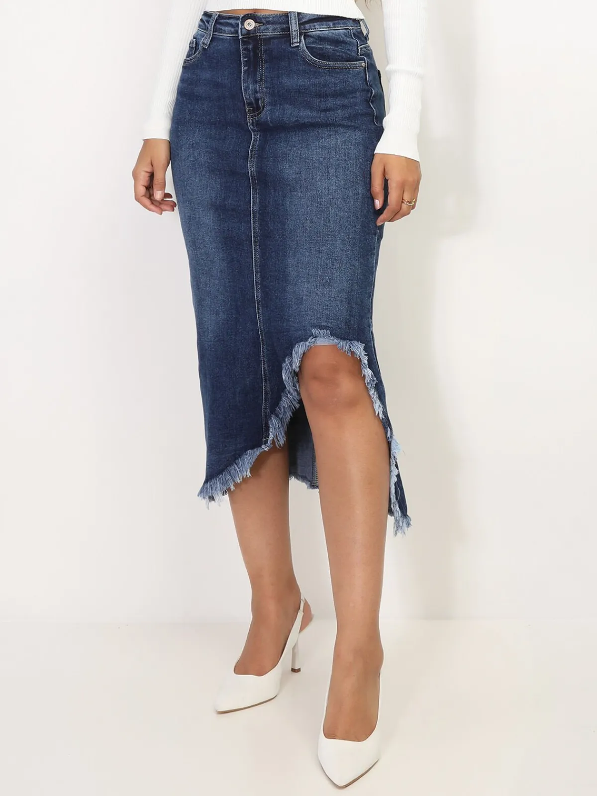 Hot La Modeuse Jupe en denim fendue et effilochée Bleu