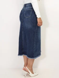 Hot La Modeuse Jupe en denim fendue et effilochée Bleu