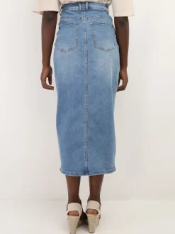 Discount La Modeuse Jupe en denim mi-longue et fendue Bleu