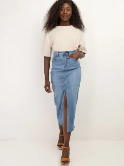 Discount La Modeuse Jupe en denim mi-longue et fendue Bleu