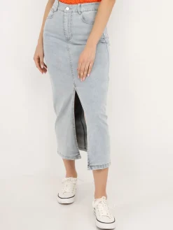Hot La Modeuse Jupe en jean mi-longue et fendue BleuClair