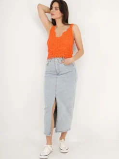 Hot La Modeuse Jupe en jean mi-longue et fendue BleuClair