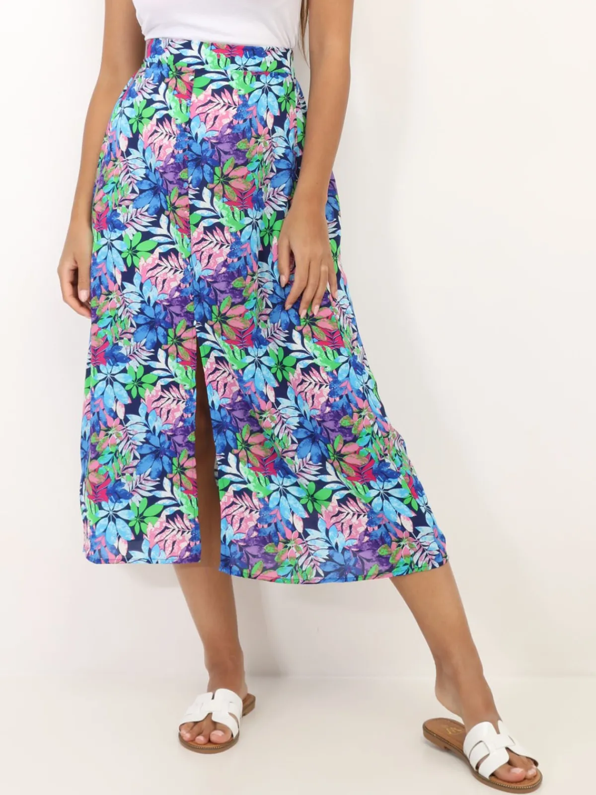 Outlet La Modeuse Jupe fendue à motif feuilles colorées Bleu