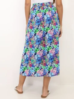 Outlet La Modeuse Jupe fendue à motif feuilles colorées Bleu