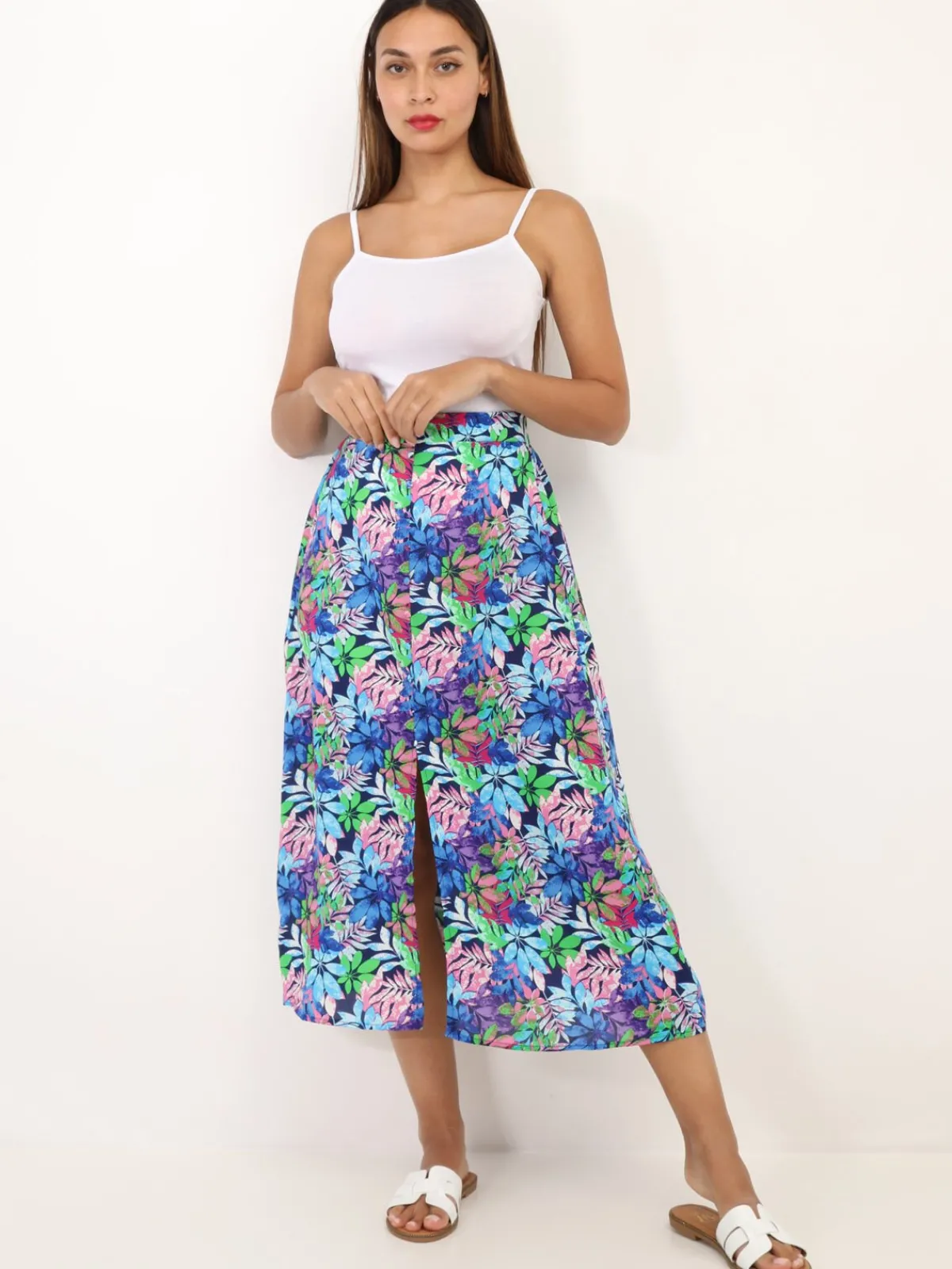 Outlet La Modeuse Jupe fendue à motif feuilles colorées Bleu
