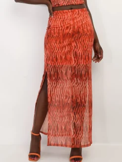 Hot La Modeuse Jupe imprimée en mesh à fentes Orange