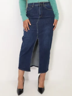 Best La Modeuse Jupe longue en denim fendue Bleufoncé