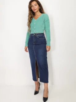 Best La Modeuse Jupe longue en denim fendue Bleufoncé
