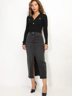 New La Modeuse Jupe longue en denim fendue Grisanthracite