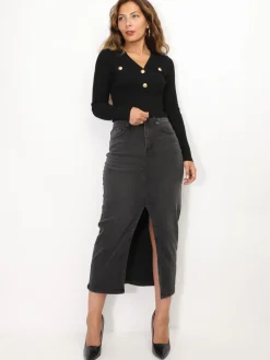 New La Modeuse Jupe longue en denim fendue Grisanthracite