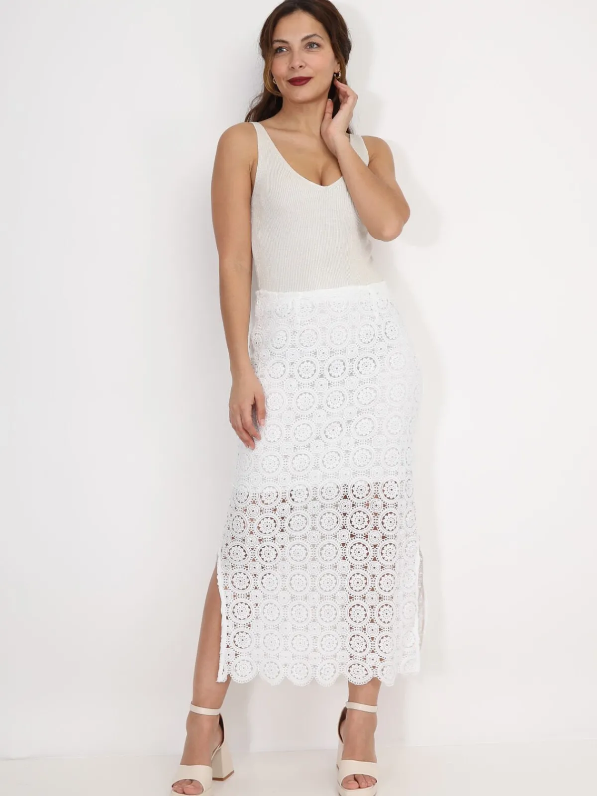 La Modeuse Jupe longue en dentelle crochet Blanc