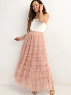 Discount La Modeuse Jupe longue en tulle à volants VieuxRose