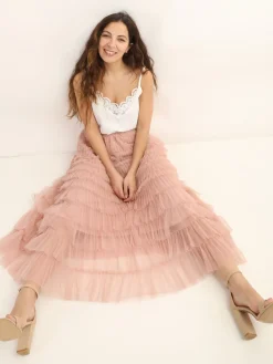 Discount La Modeuse Jupe longue en tulle à volants VieuxRose