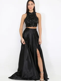 New La Modeuse Jupe longue taille haute effet satiné Noir