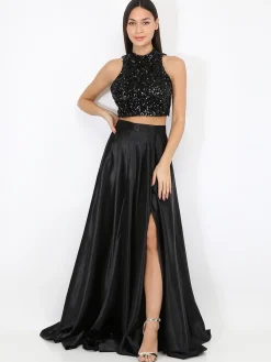 New La Modeuse Jupe longue taille haute effet satiné Noir