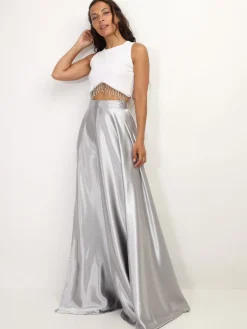 New La Modeuse Jupe longue taille haute effet satiné Gris
