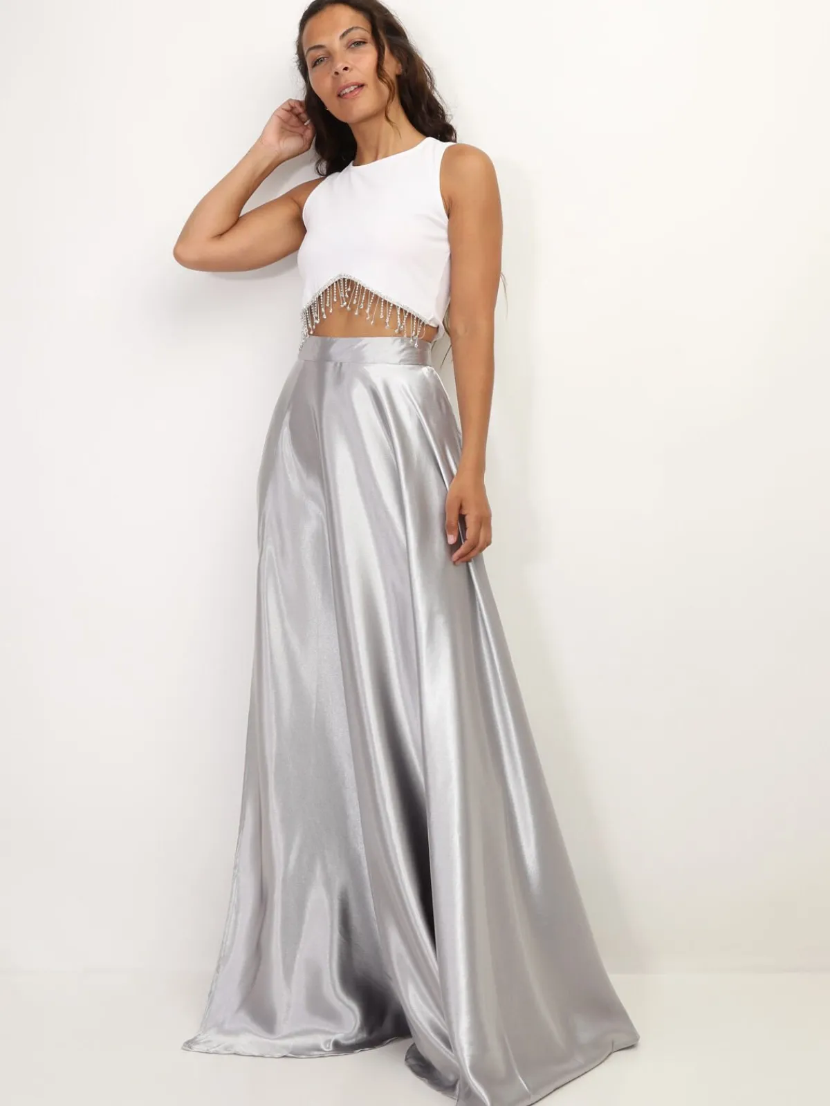 New La Modeuse Jupe longue taille haute effet satiné Gris