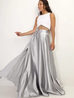 New La Modeuse Jupe longue taille haute effet satiné Gris