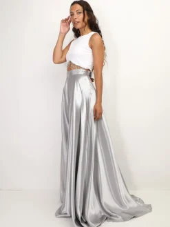 New La Modeuse Jupe longue taille haute effet satiné Gris