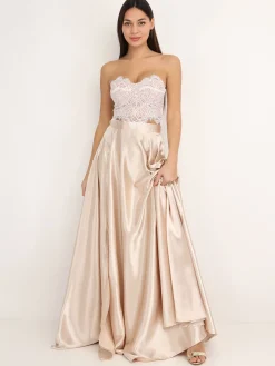 La Modeuse Jupe longue taille haute effet satiné Beige