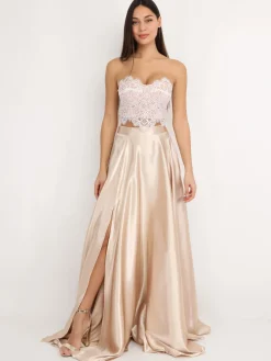 La Modeuse Jupe longue taille haute effet satiné Beige