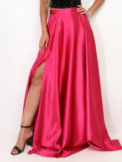New La Modeuse Jupe longue taille haute effet satiné Fuchsia