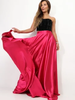 New La Modeuse Jupe longue taille haute effet satiné Fuchsia