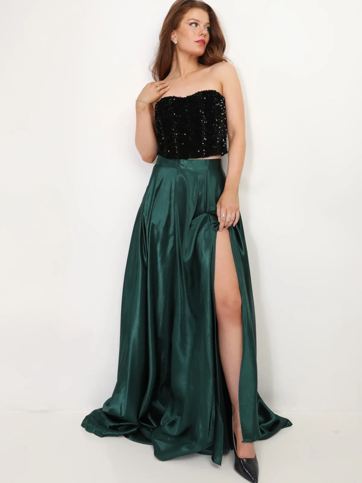 New La Modeuse Jupe longue taille haute effet satiné Vertfoncé