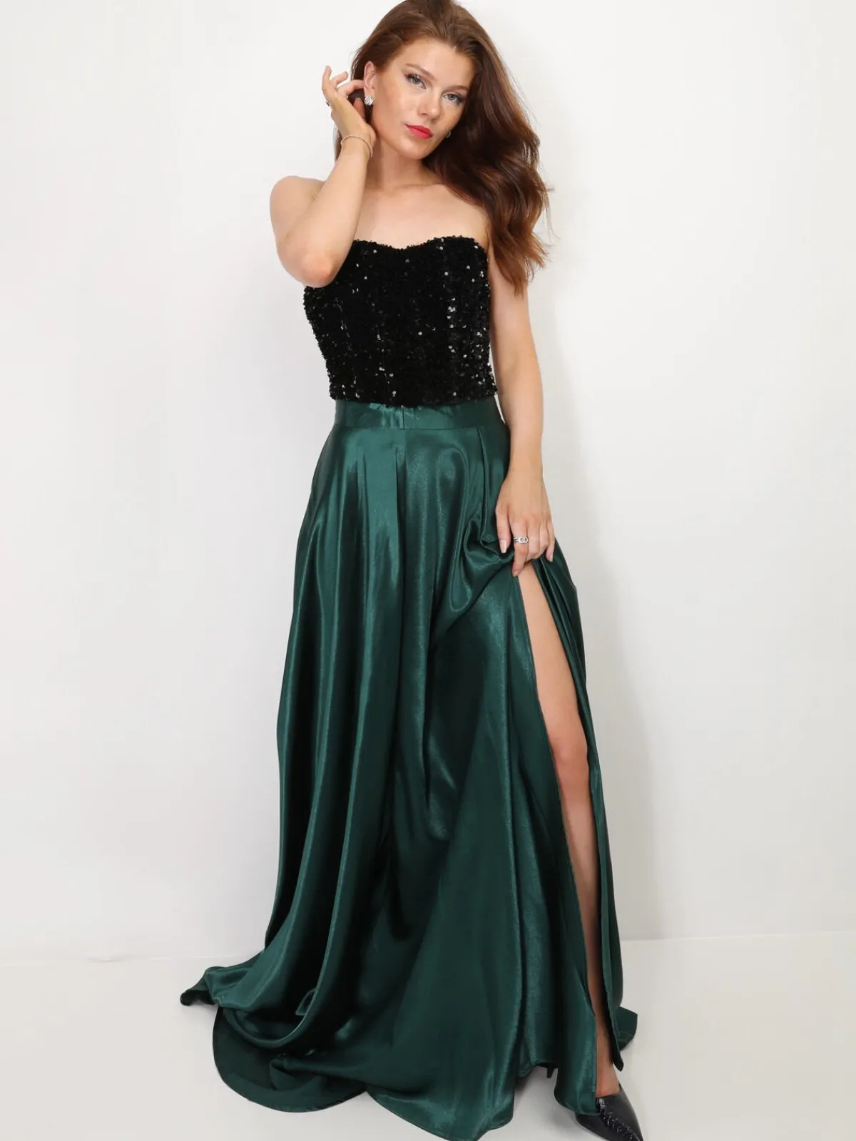 New La Modeuse Jupe longue taille haute effet satiné Vertfoncé