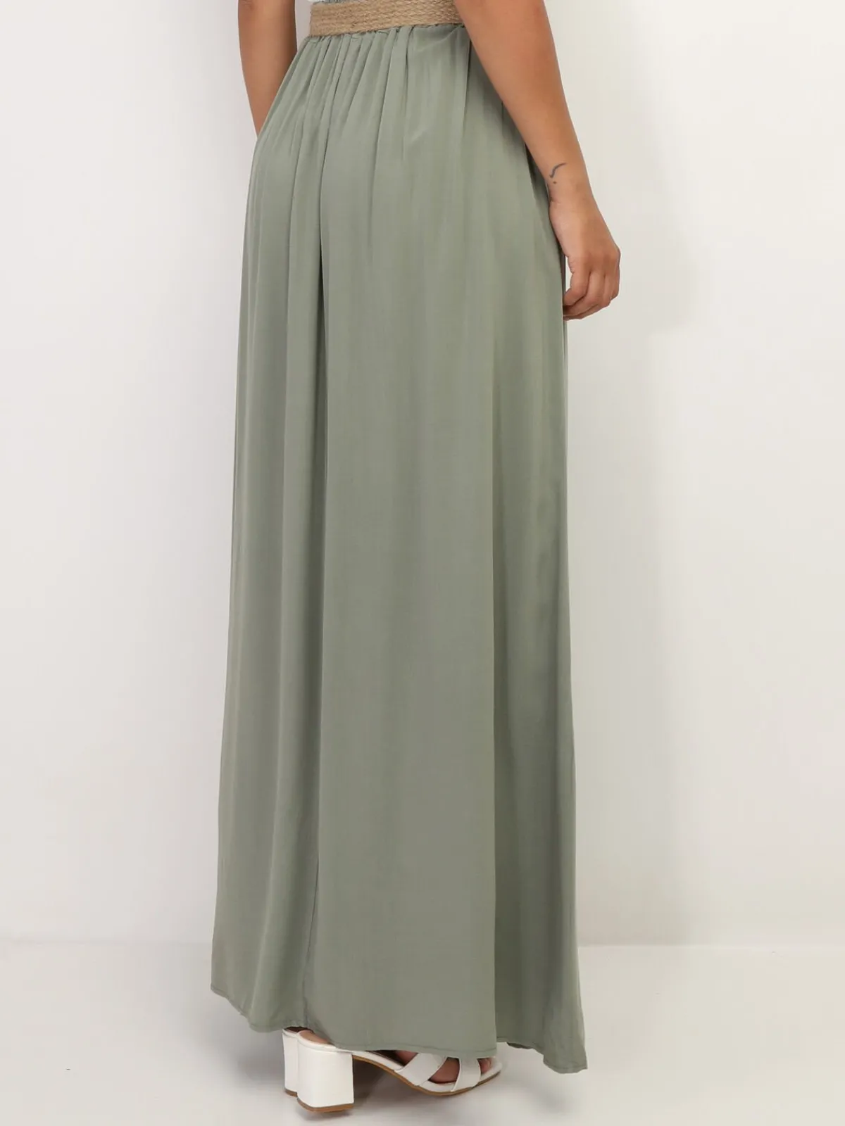 Discount La Modeuse Jupe longue évasée avec ceinture Kakiclair