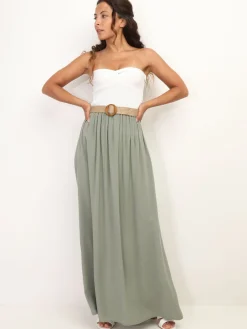 Discount La Modeuse Jupe longue évasée avec ceinture Kakiclair